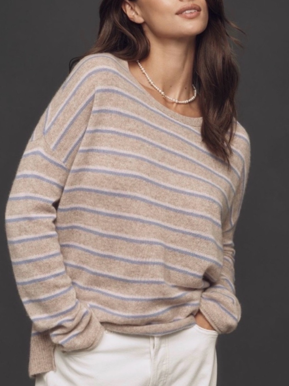 New small Anthropologie Maeve Sasha cashmere sweater Beige Light Blue Striped